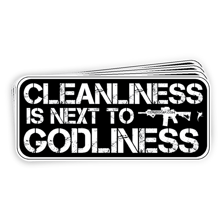 Cleanliness Is Next To Godliness Decal Die Cut Sticker Indoor/Outdoor Use Size: 4" x 1.75"
